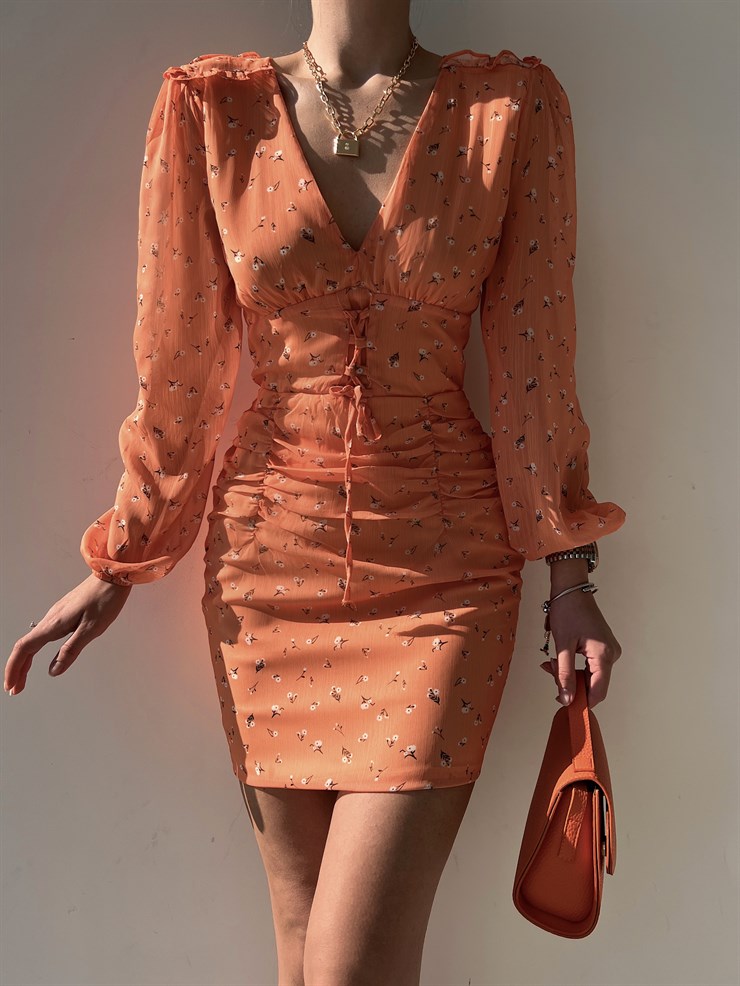 Şifon Çiçekli Önü Bağcık Detay Oscar Kadın Turuncu Mini Elbise 22Y000139