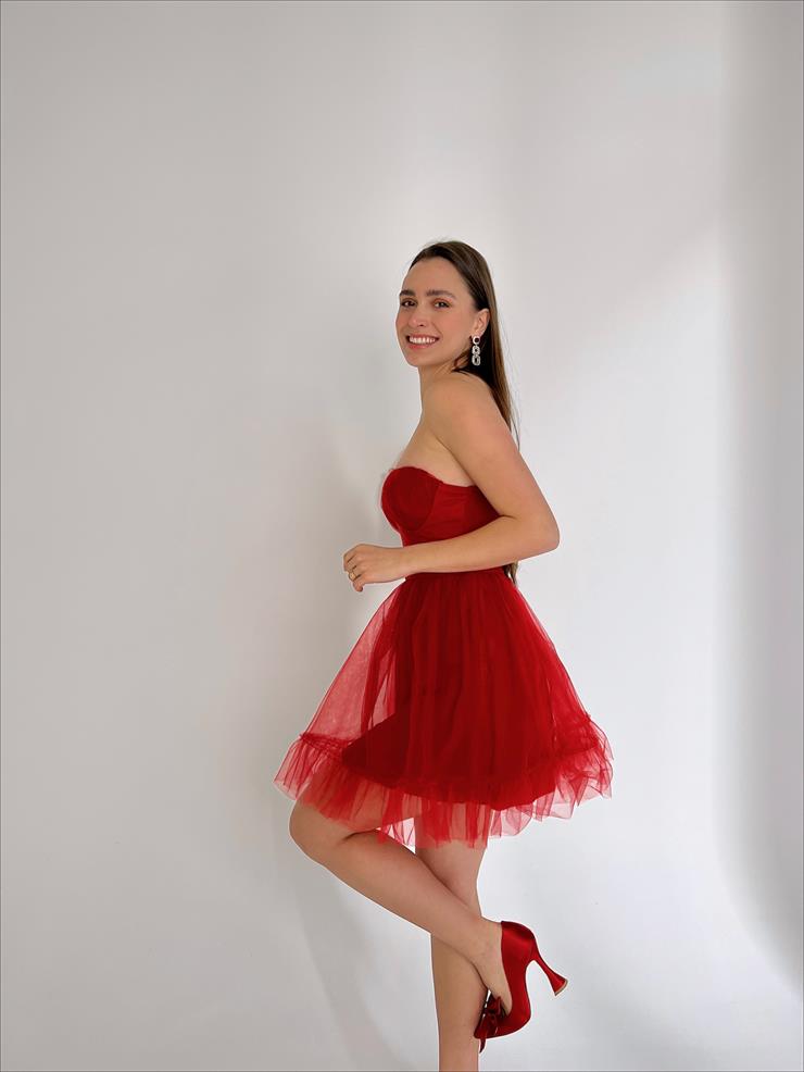 Straplez Belden Oturtmalı Eteği Tül Tara Kadın Kırmızı Mini Elbise 23Y000027