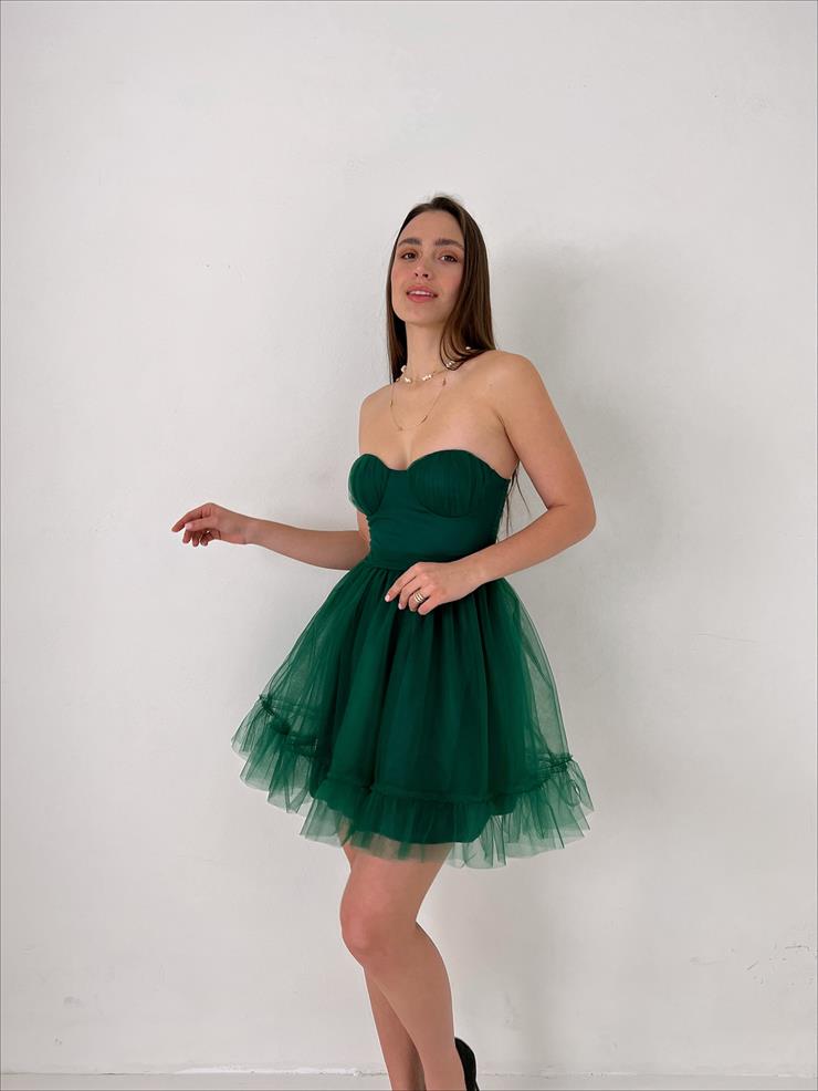 Straplez Belden Oturtmalı Eteği Tül Tara Kadın Yeşil Mini Elbise 23Y000027