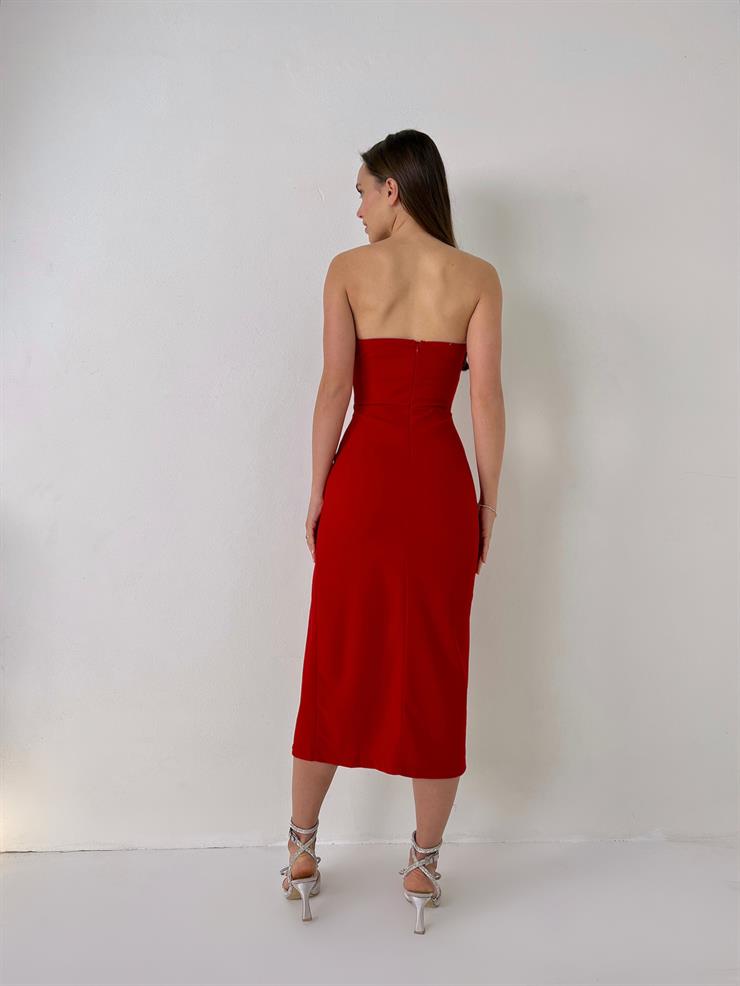 Straplez Korse Görünümlü Cherish Kadın Kırmızı Midi Elbise 23Y000072