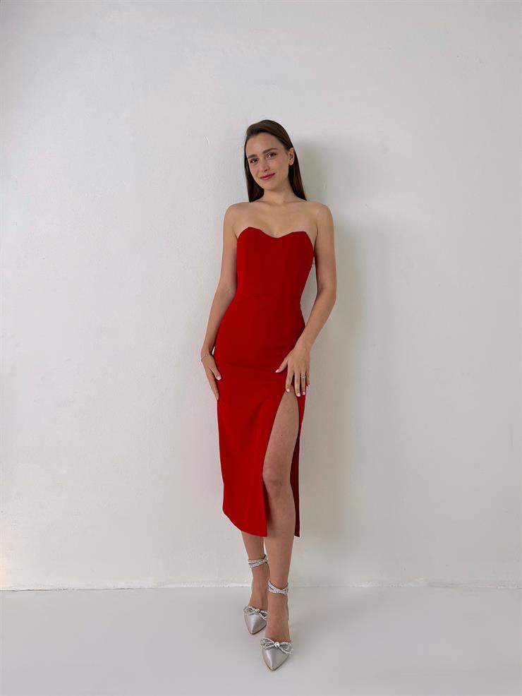 Straplez Korse Görünümlü Cherish Kadın Kırmızı Midi Elbise 23Y000072
