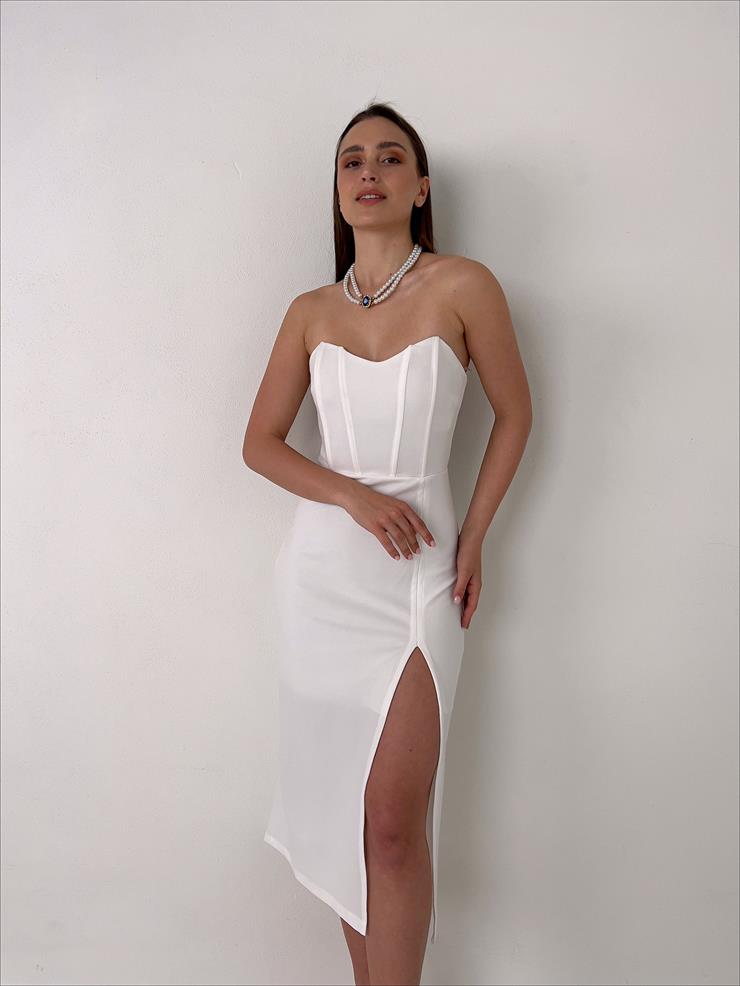 Straplez Korse Görünümlü Cherish Kadın Beyaz Midi Elbise 23Y000072