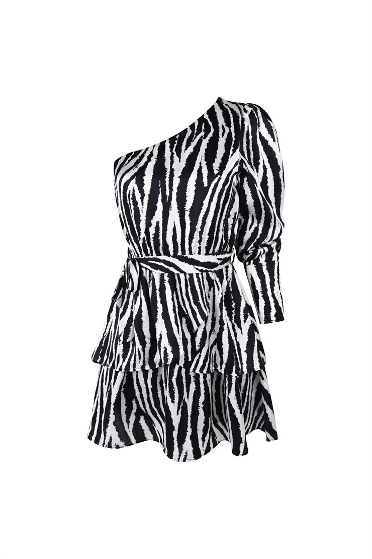 Tek Kol Belden Kuşaklı Tiffany Kadın Zebra Mini Elbise 23K000453