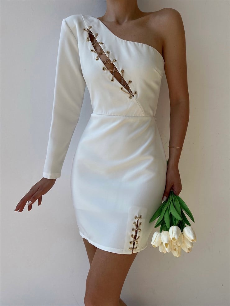 Tek Kol Göğüs Ve Yırtmaç Zincir Deaylı Gonzalo Kadın Beyaz Elbise 22Y000289