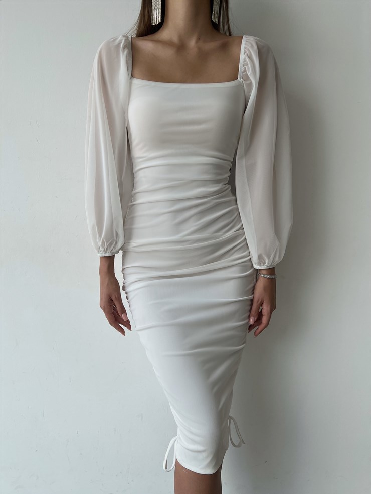 	Kare Yaka Uzun Kol Eteği Drapeli Ve Ayarlanabilir Bağcıklı Carl Kadın Beyaz Elbise 23K000032
