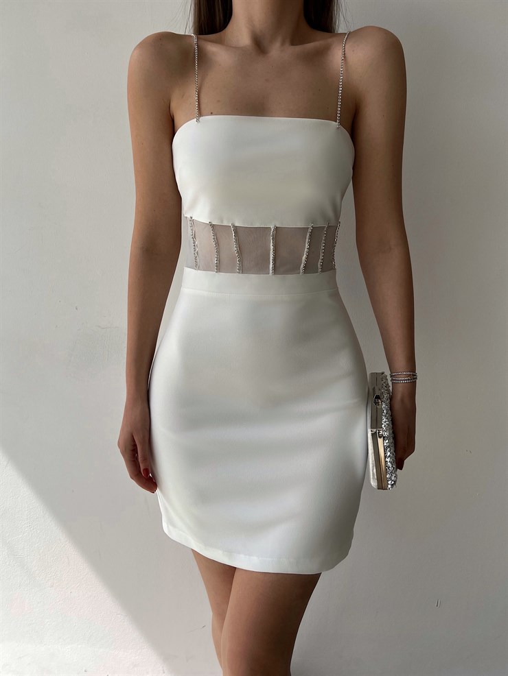 Askı Ve Bel Çevresi Taş Detaylı Beli Tül Yahir Kadın Beyaz Mini Elbise 22Y000280