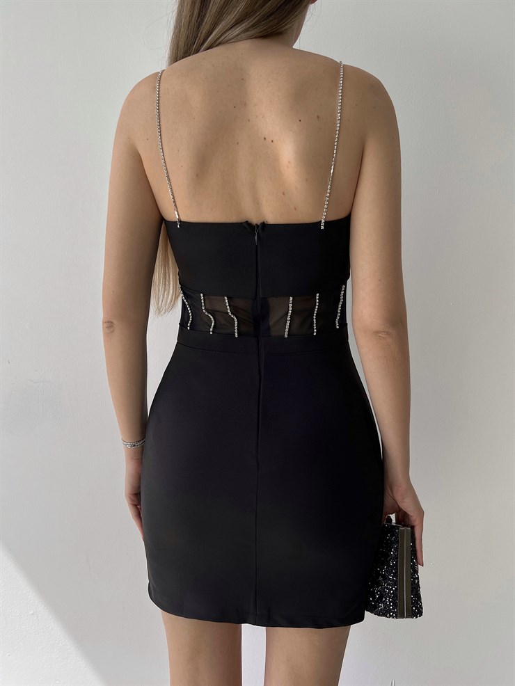 Askı Ve Bel Çevresi Taş Detaylı Beli Tül Yahir Kadın Siyah Mini Elbise 22Y000280