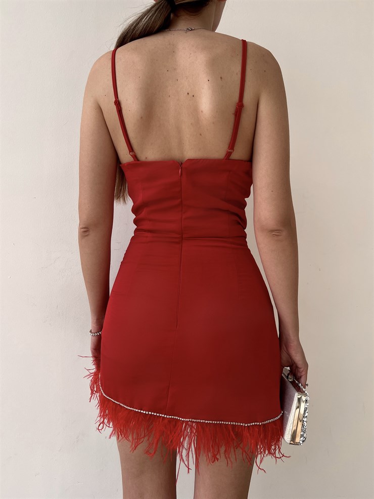 Askılı Etek Kısmı Asimetrik Kesim Püsküllü Walter Kadın Kırmızı Mini Elbise 22Y000201
