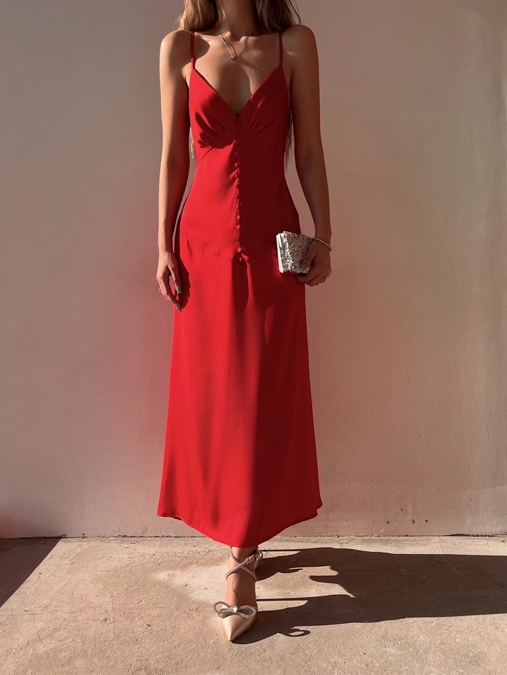 Askılı Önden Düğme Detay Saten Julissa Kadın Kırmızı Uzun Elbise 22Y000083
