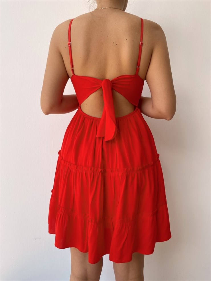 Askılı Sırtı Bağlamalı Volanlı Kadın Kırmızı Elbise 21Y000393