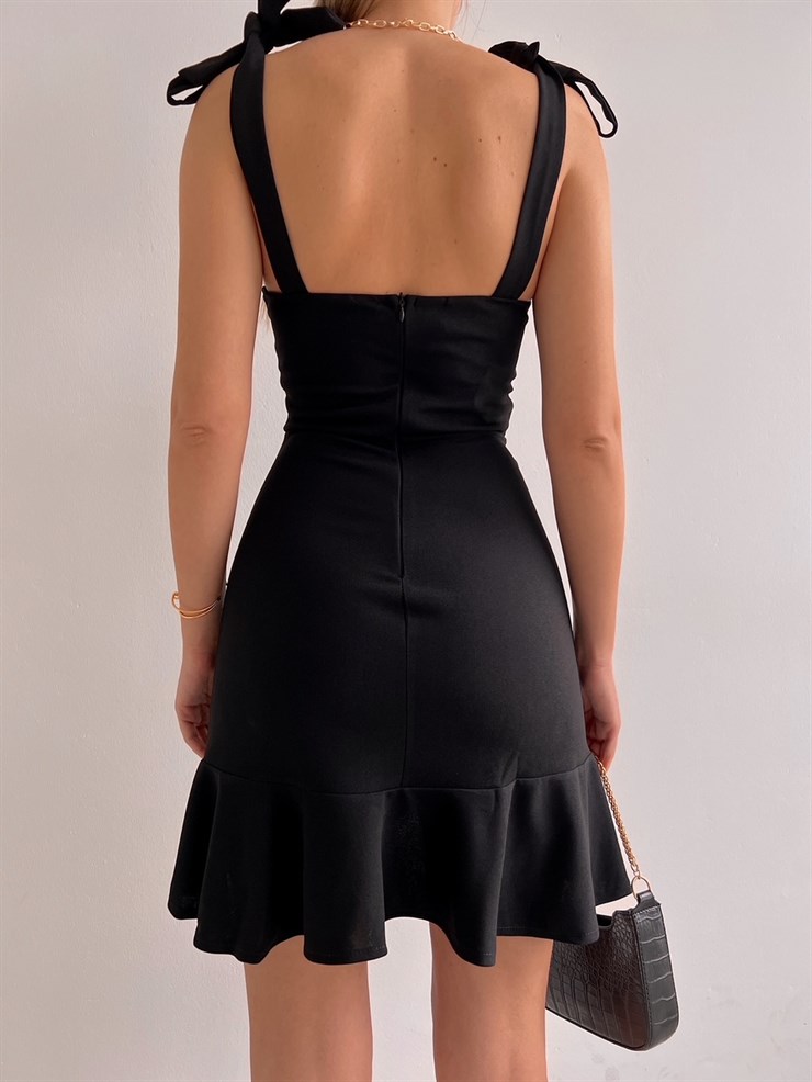 Ayarlanabilir Askılı Eteği Volanlı Leanna Kadın Siyah Mini Elbise 22K000573