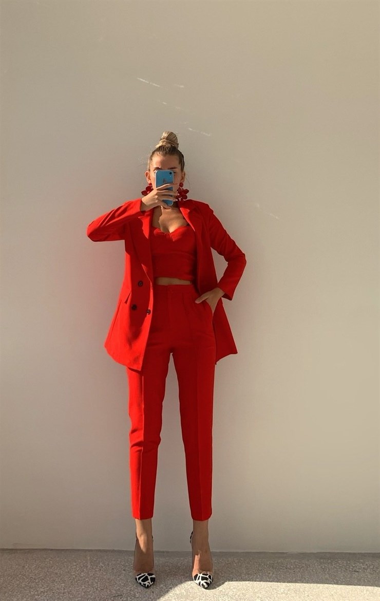 Ayarlanır Bağcıklı Crop Blazer Ceket Pantolon Aureliana Kadın Kırmızı Üçlü Takım 22K000059