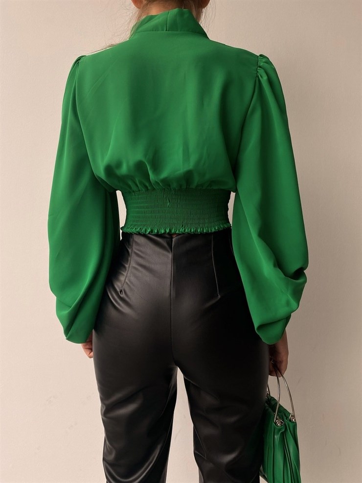 Balon Kol Önden Düğmeli V Yaka Kadın Yeşil Crop Bluz 21Y000527