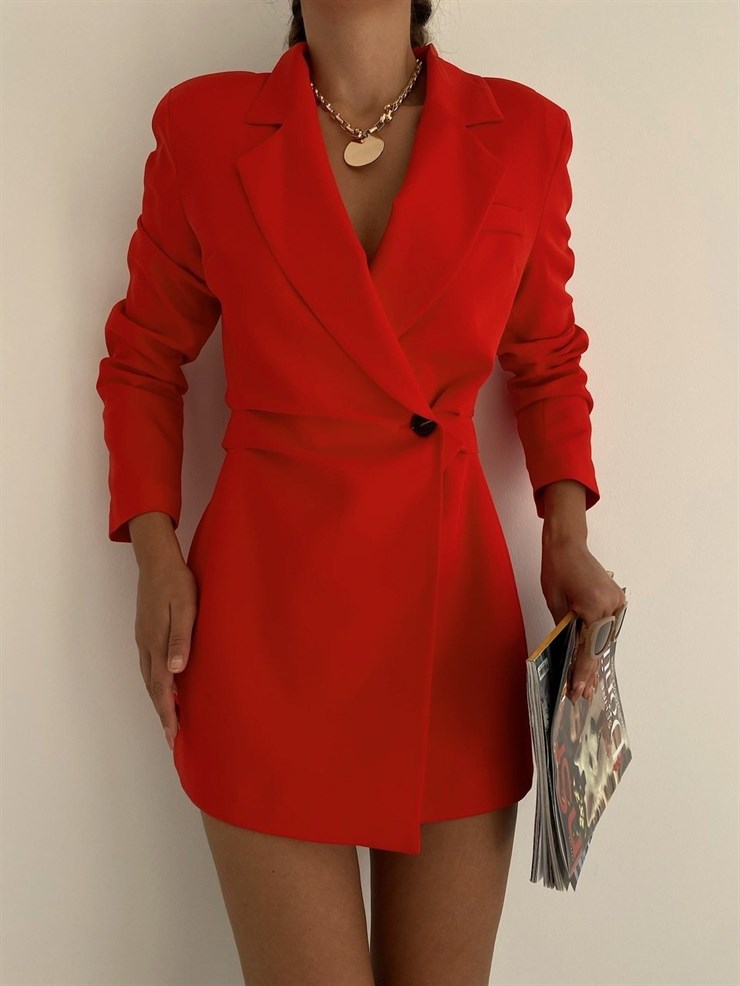 Blazer Beli Drapeli Kadın Kırmızı Ceket Elbise 21K000341