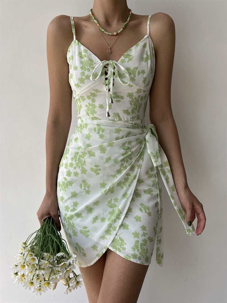 Çiçekli Etek Kısmı Kruvaze Yandan Bağcıklı Meliora Kadın Yeşil Elbise 22Y000327