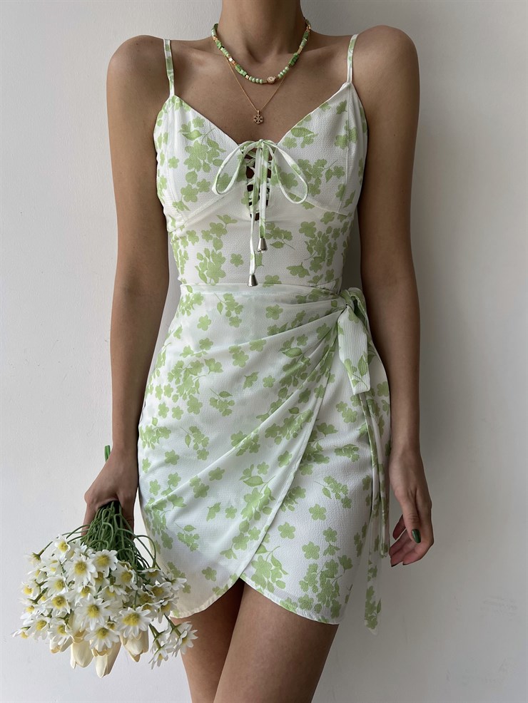 Çiçekli Etek Kısmı Kruvaze Yandan Bağcıklı Meliora Kadın Yeşil Elbise 22Y000327