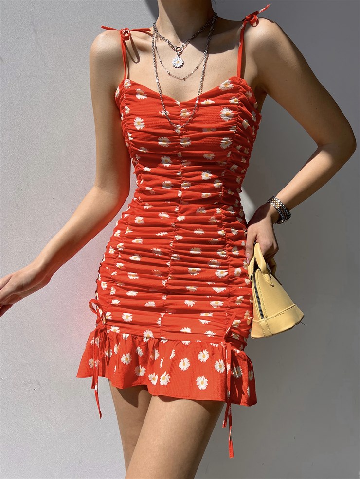 Çiçekli İnce Askı Eteği Fırfırlı Bruno Kadın Turuncu Mini Elbise 22Y000205