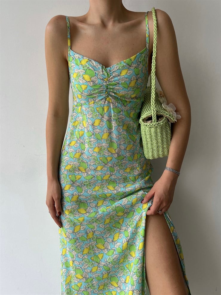 Çiçekli İnce Askı Yırtmaçlı Grant Kadın Yeşil Uzun Elbise 22Y000290