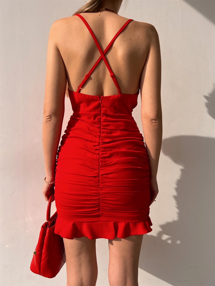 Degaje Yaka Eteği Fırfırlı Drapeli Aniya Kadın Kırmızı Mini Elbise 22Y000039