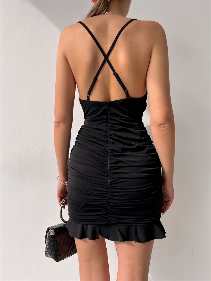 Degaje Yaka Eteği Fırfırlı Drapeli Aniya Kadın Siyah Mini Elbise 22Y000039
