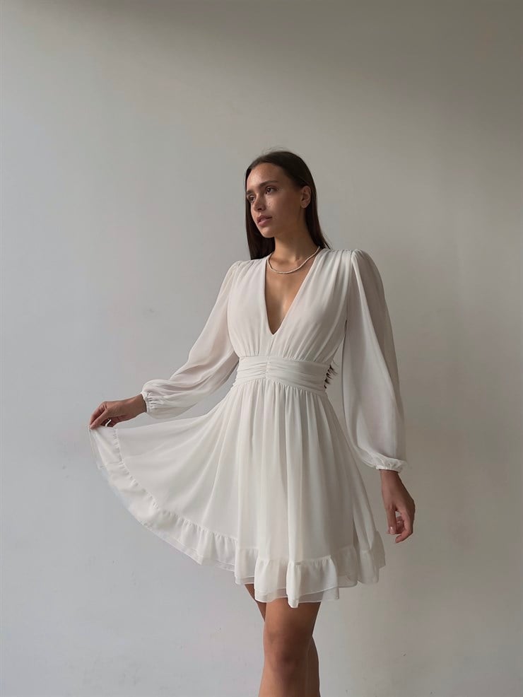 Derin V Yaka Uzun Tül Kol Eteği Fırfırlı Zia Kadın Beyaz Mini Elbise 23K000111