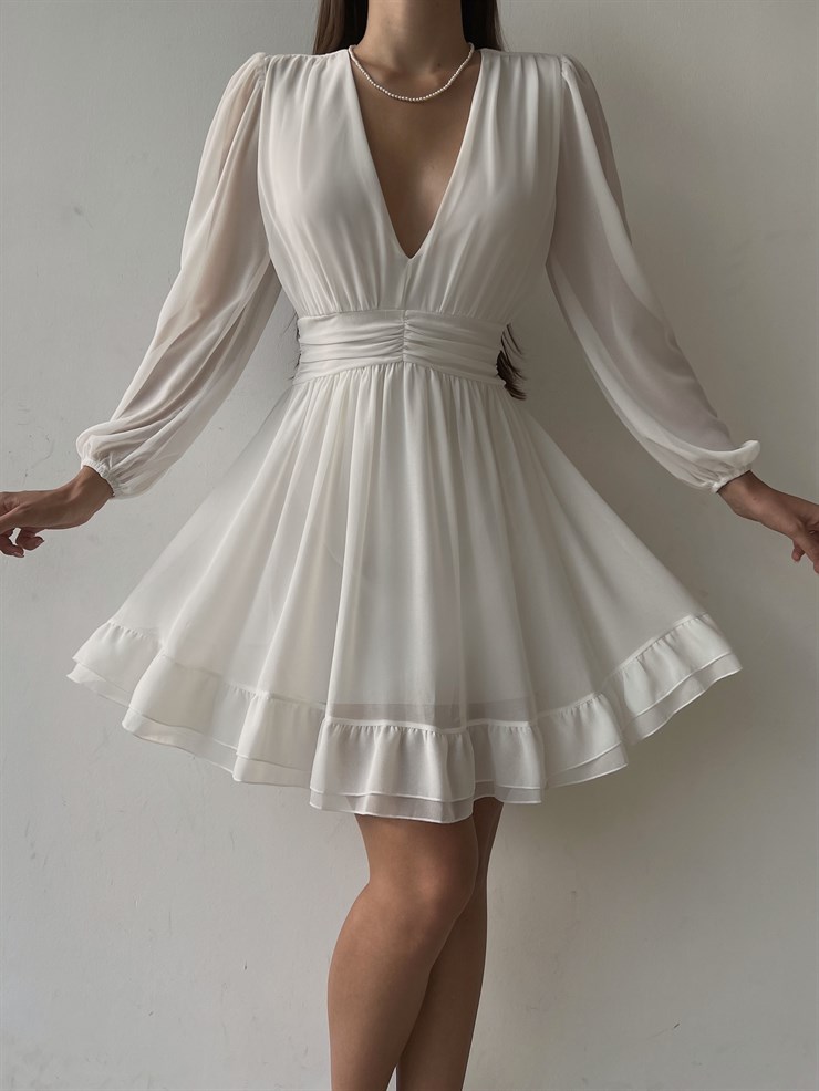 Derin V Yaka Uzun Tül Kol Eteği Fırfırlı Zia Kadın Beyaz Mini Elbise 23K000111
