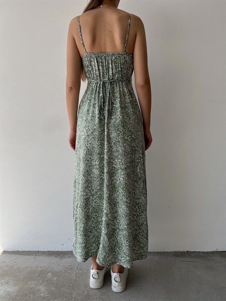 Desenli İnce Askı Göğüsü Bağcıklı Yırtmaçlı Savana  Kadın Haki Uzun Elbise 22Y000244