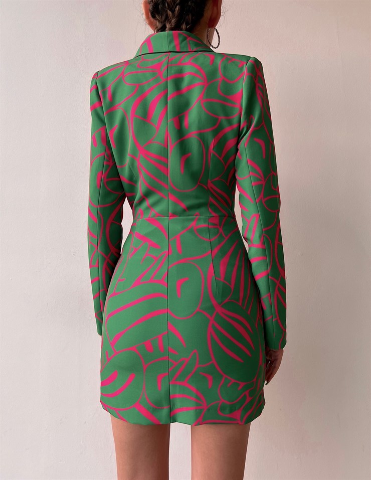 Desenli Kruvaze Yanı Tokalı Hunter Kadın Yeşil Ceket Elbise 22Y000082