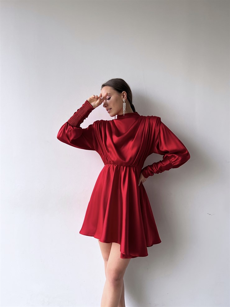 Geniş Manşet Dökümlü Yaka Lastik Bel Feliciano Kadın Kırmızı Elbise 22K000070