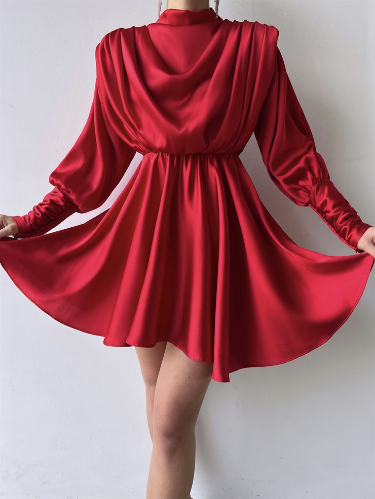 Geniş Manşet Dökümlü Yaka Lastik Bel Feliciano Kadın Kırmızı Elbise 22K000070