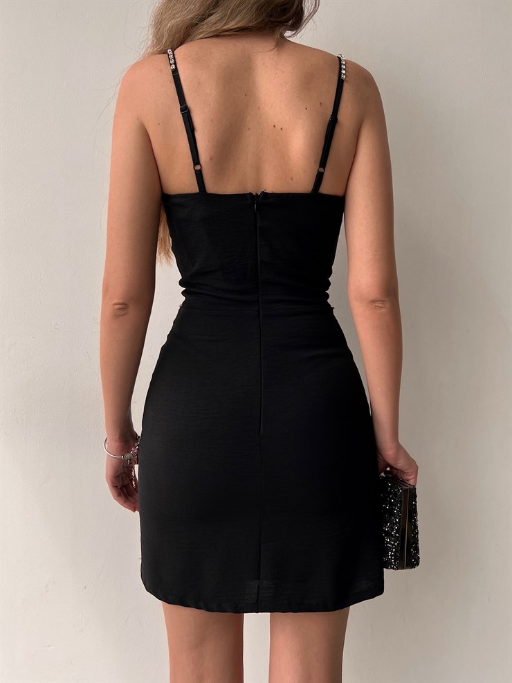Göğüs Kuplu  Önü Taş İşlemeli Raquel Kadın Siyah Mini Elbise 22Y000135