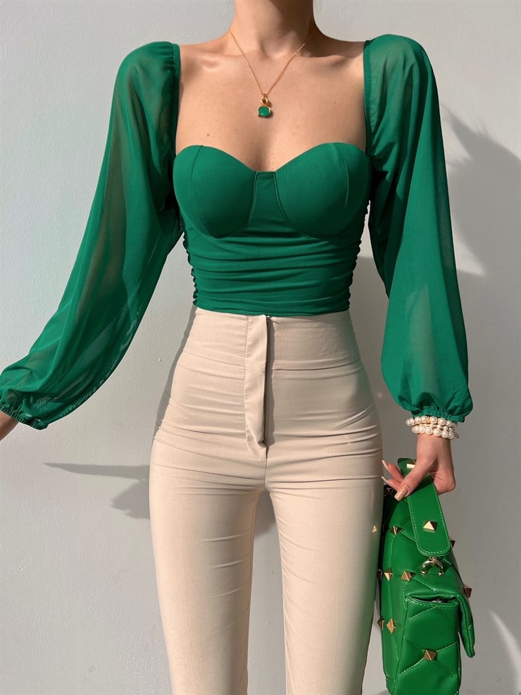 Göğüsü Kuplu Balon Tül Kol Büzgülü Brandy Kadın Yeşil Bodysuit 22Y000021
