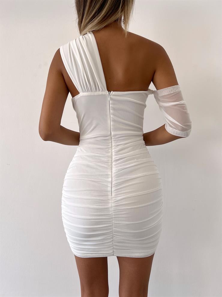 Göğüsü Pencere Detaylı Drapeli Tek Omuz Zanna Kadın Beyaz Mini Elbise 22Y000399