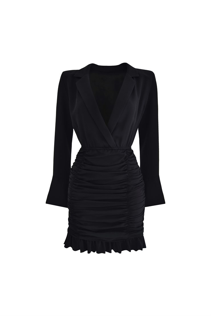 Gömlek Yaka Eteği Fırfırlı Drapeli Hazel Kadın Siyah Mini Elbise 22Y000065