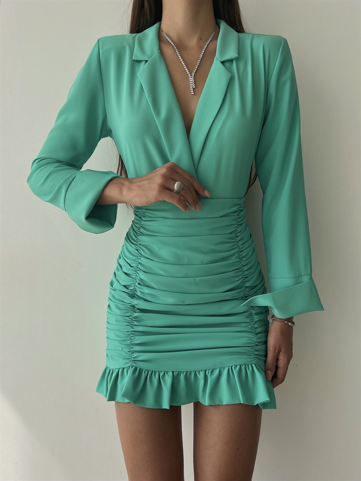 Gömlek Yaka Eteği Fırfırlı Drapeli Hazel Kadın Mint Renk Mini Elbise 22Y000065