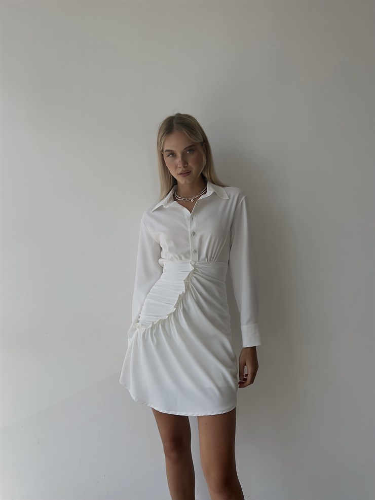 Gömlek Yaka Eteği Fırfırlı Jully Kadın Beyaz Mini Elbise 22K000001