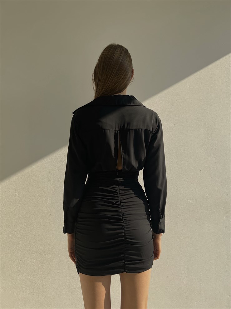 Gömlek Yaka Eteği Fırfırlı Jully Kadın Siyah Mini Elbise 22K000001