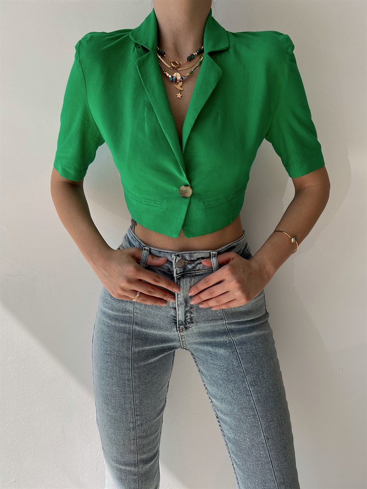 Gömlek Yaka Sırtı V Kesim Dekolteli Düğmeli Kadın Yeşil Crop Bluz 22Y000212