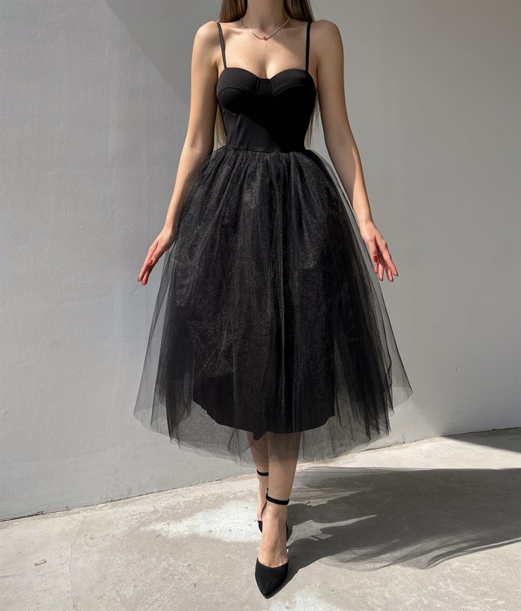 İnce Askılı Eteği Kabarık Tül Angel Kadın Siyah Midi Elbise 22K000612