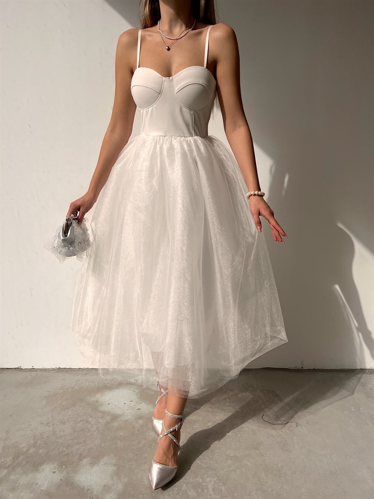 İnce Askılı Eteği Kabarık Tül Angel Kadın Beyaz Midi Elbise 22K000612