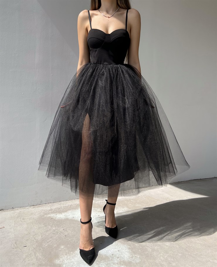 İnce Askılı Eteği Kabarık Tül Angel Kadın Siyah Midi Elbise 22K000612