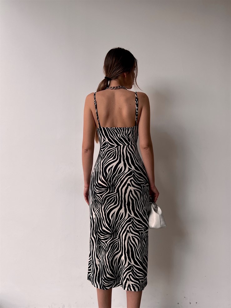 İnce Askılı Önden Yırtmaçlı Zebra Desen Citlali Kadın Renkli Elbise 22Y000068