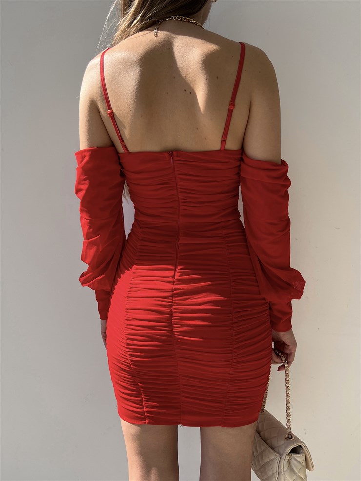 Ince Askılı Takma Kol Görünümlü Drapeli Nadia Kadın Kırmızı Elbise 22Y000255
