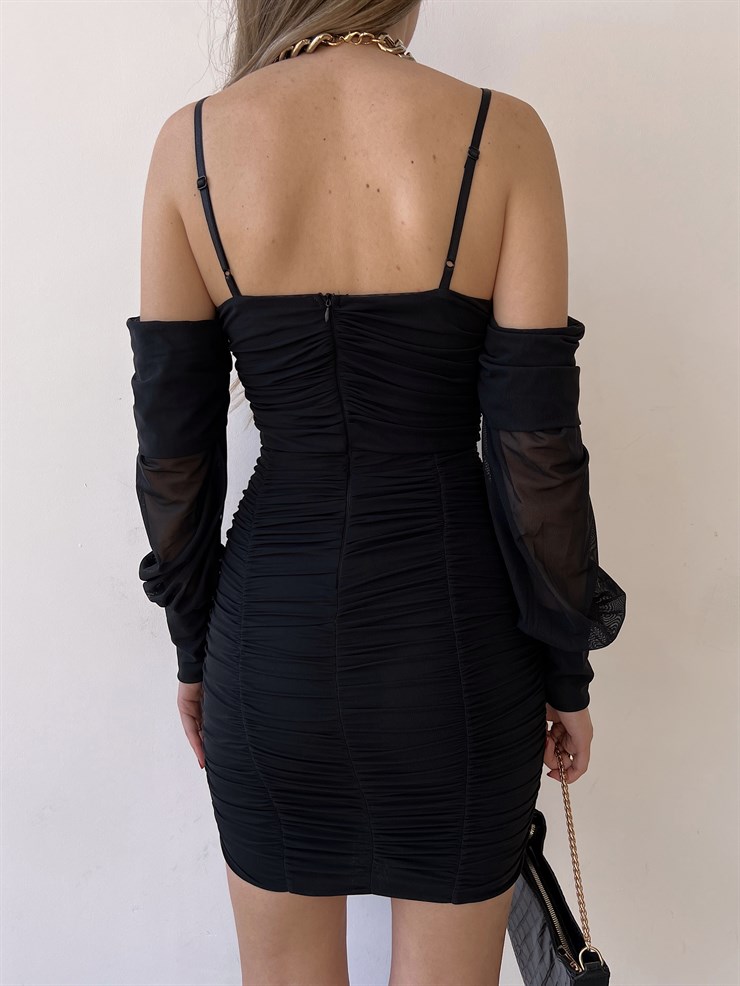 Ince Askılı Takma Kol Görünümlü Drapeli Nadia Kadın Siyah Elbise 22Y000255