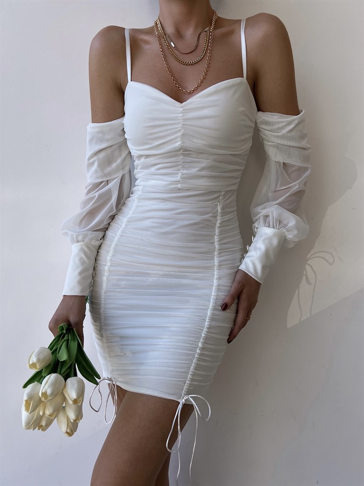 Ince Askılı Takma Kol Görünümlü Drapeli Nadia Kadın Beyaz Elbise 22Y000255