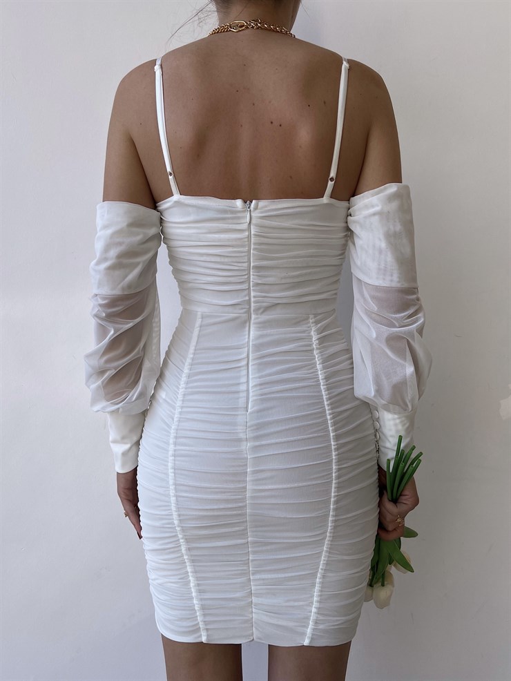 Ince Askılı Takma Kol Görünümlü Drapeli Nadia Kadın Beyaz Elbise 22Y000255