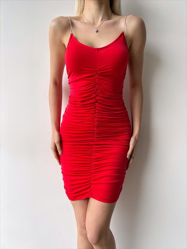 İnce Takma Zincir Askılı Büzgülü Mini Boy Lesley Kadın Kırmızı Elbise 22Y000241