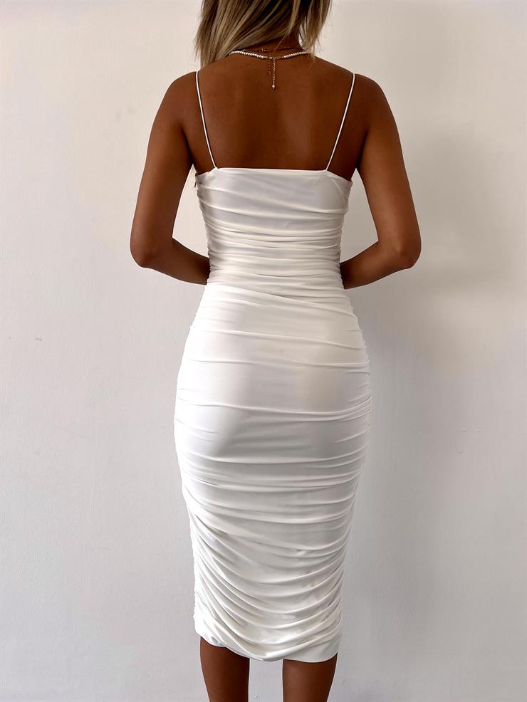 İp Askılı Büzgülü Likra Kumaş Destiny Kadın Beyaz Kalem Elbise 22Y000057