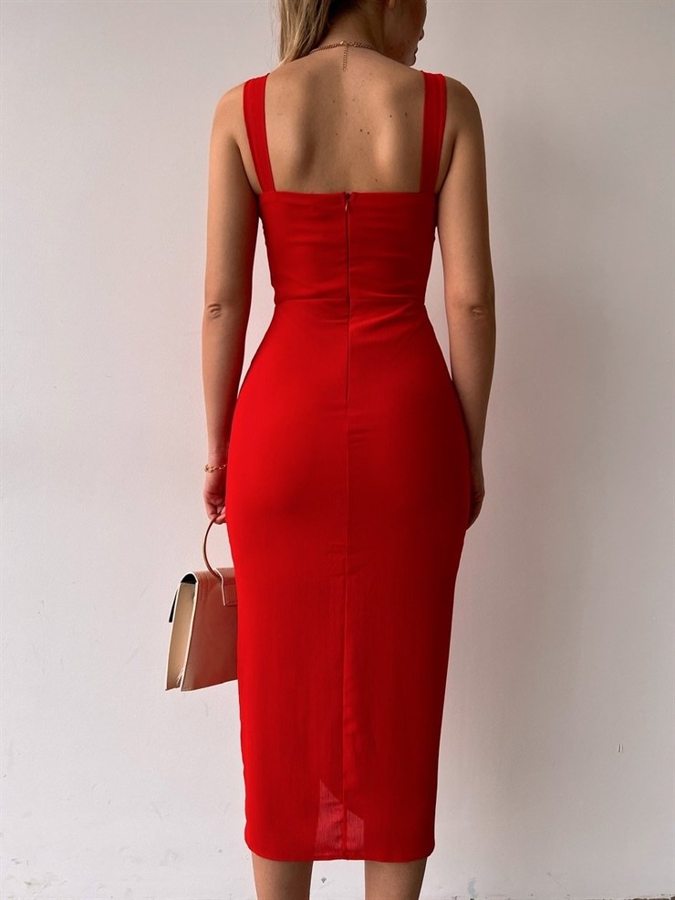 Kalın Askı Drape Yandan Yırtmaçlı Ella Kadın Kırmızı Elbise 22K000530