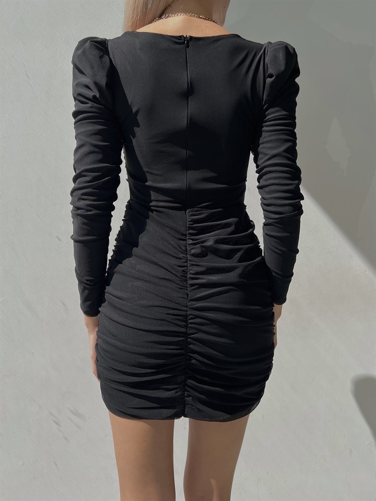 Kalp Yaka Drape Detay Uzun Kollu Lucida Kadın Siyah Elbise 23K000092